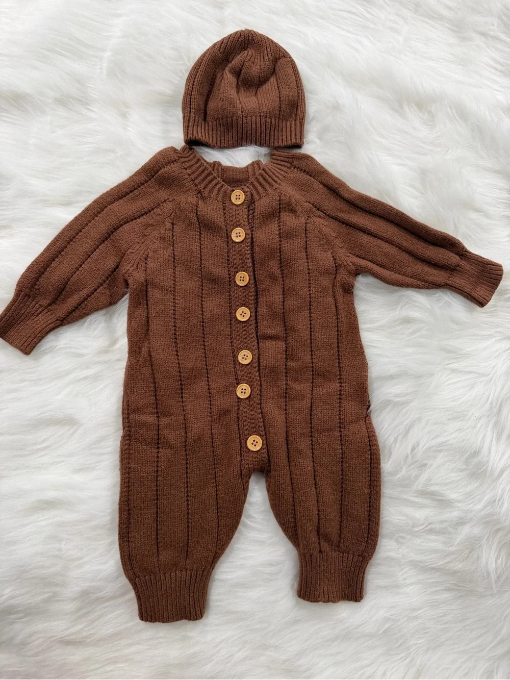 SHEIN Brown Knit Baby Footie with Matching Hat
